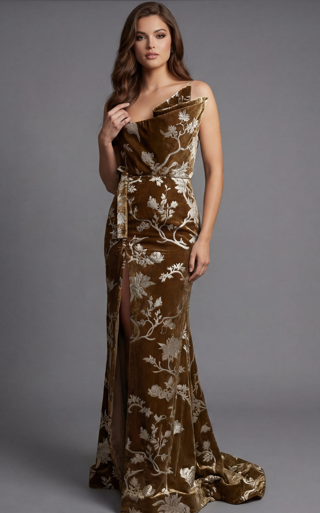Jovani 49312 One Shoulder Floral Velvet Evening Gown - FOSTANI.com
