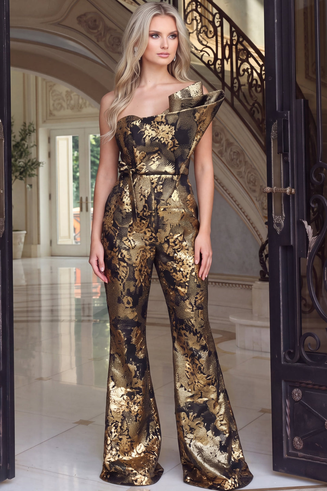 Jovani 49313 One Shoulder Wide Leg Jumpsuit with Belt front view
