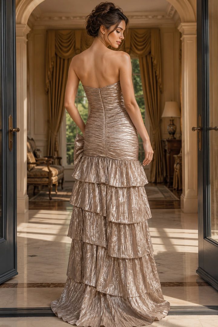 Jovani 49475 Strapless Tiered Ruffle Gown With Bow Accent - FOSTANI.com
