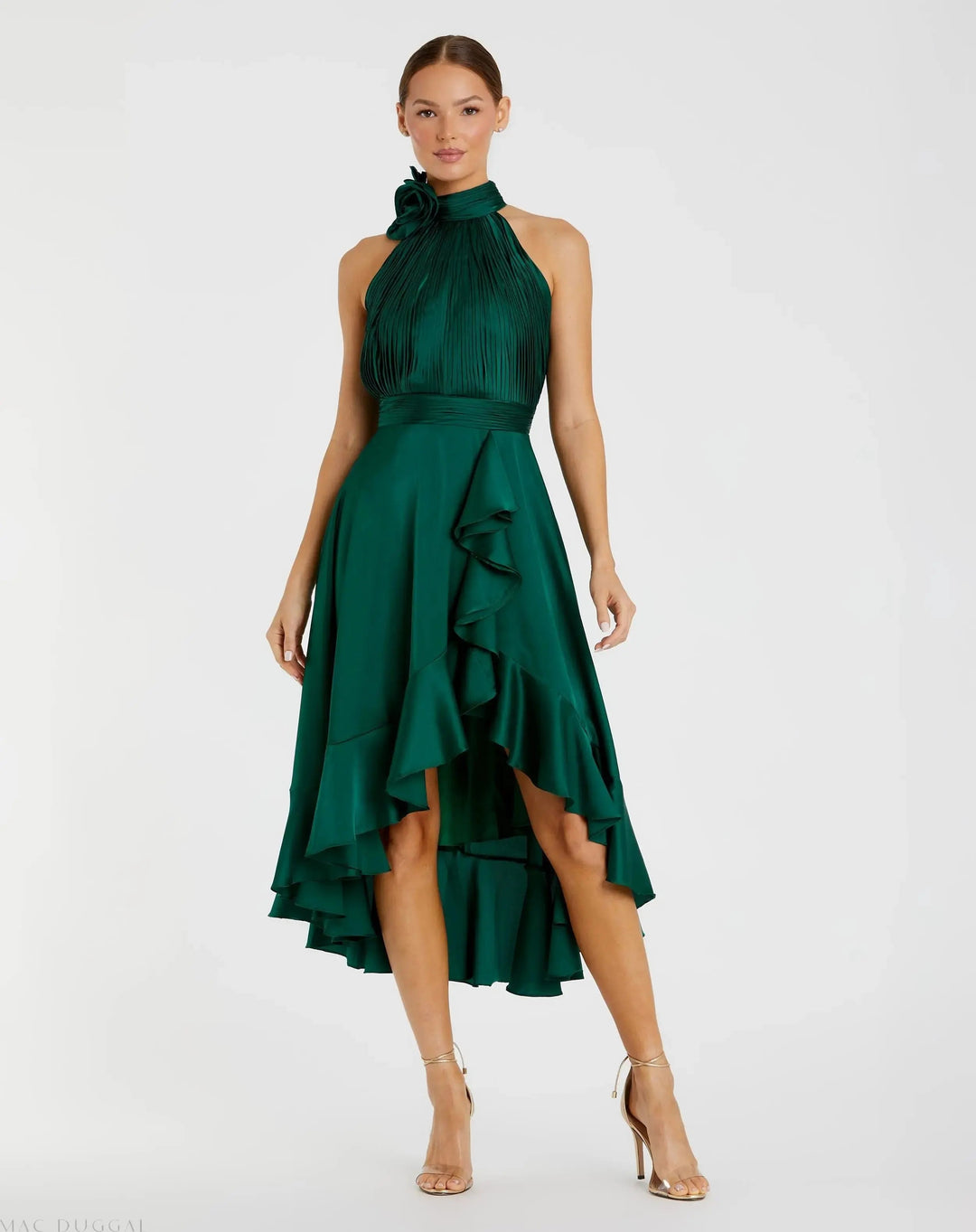 Mac Duggal 49488 Halter Neck Flower Detail Ruffled Midi Dress
