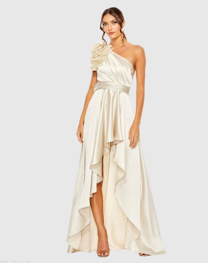 Mac Duggal 49523 Ruffled One Shoulder Cut Out Hi-Low Gown