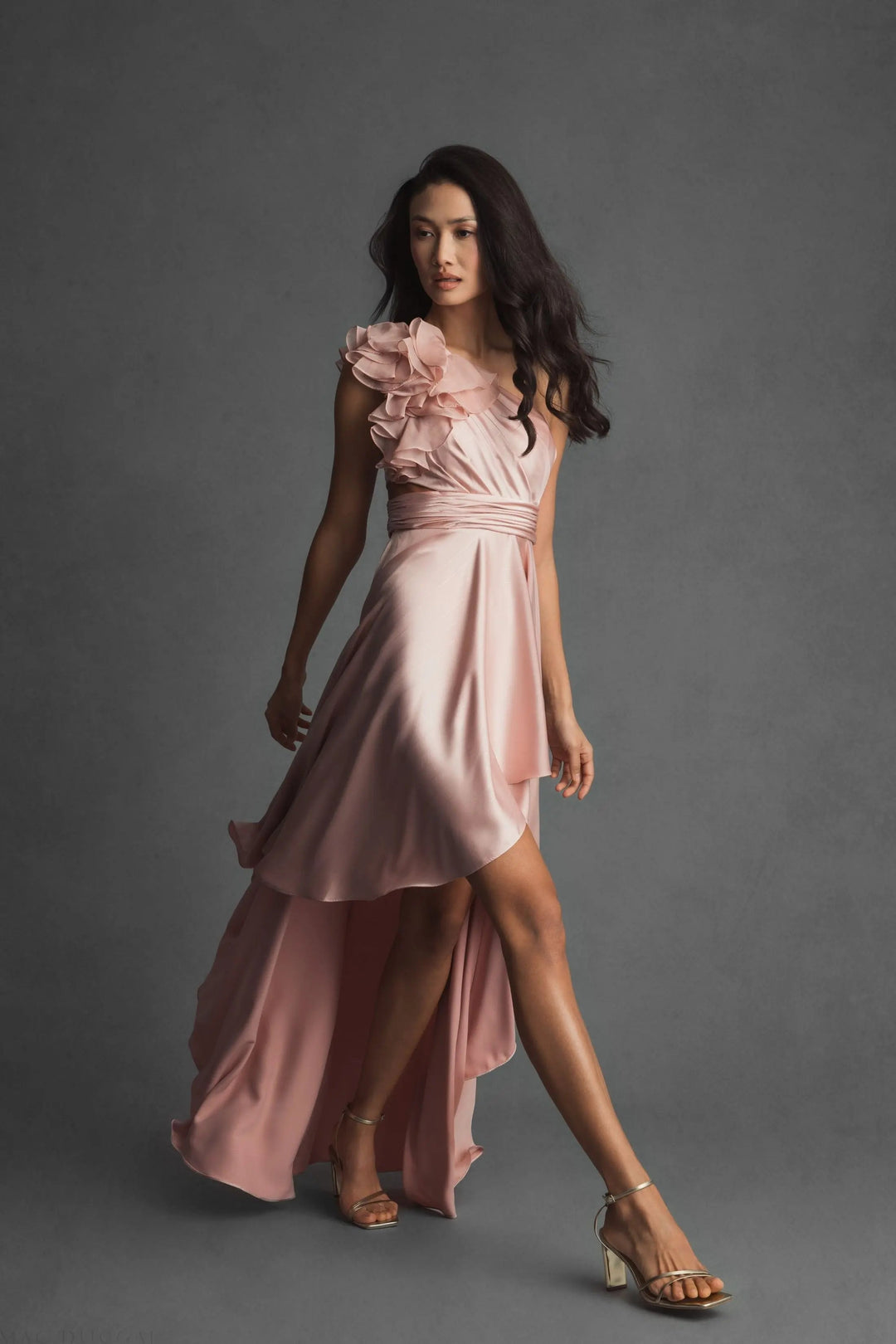 Mac Duggal 49523 Ruffled One Shoulder Cut Out Hi-Low Gown