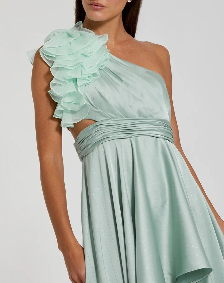 Mac Duggal 49523 Ruffled One Shoulder Cut Out Hi-Low Gown