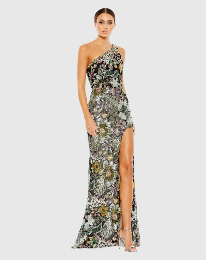 Mac Duggal 49574 Floral Sequined Embroidered One Shoulder Trumpet Gown