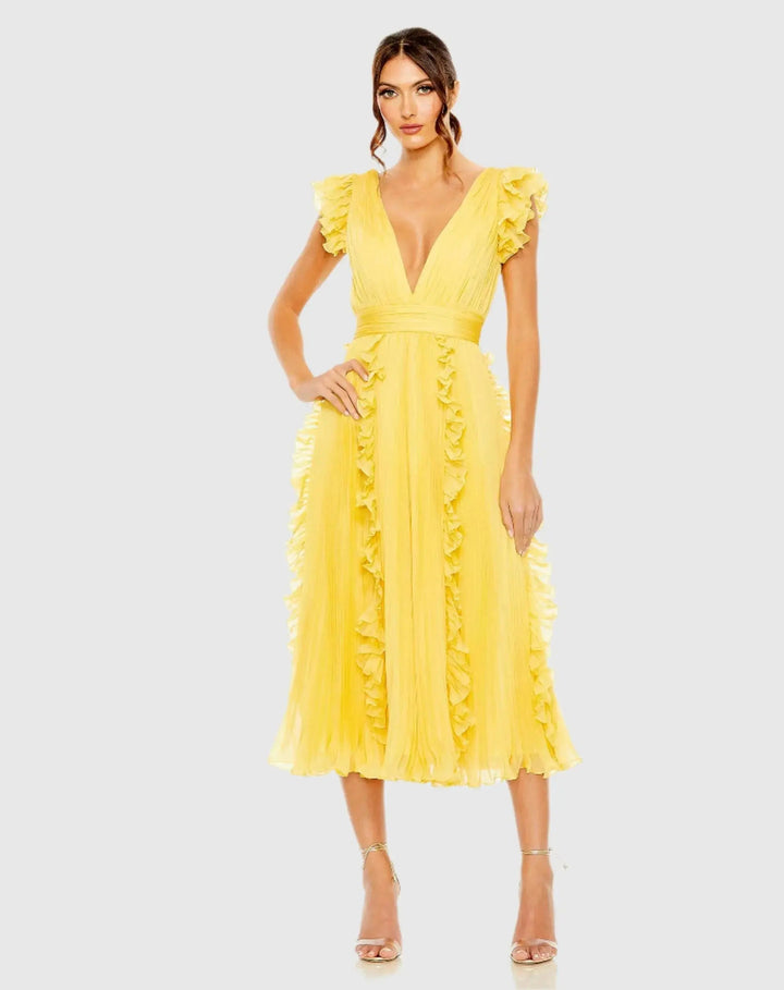 Mac Duggal 49675 Pleated Chiffon V Neck Ruffle Midi Dress