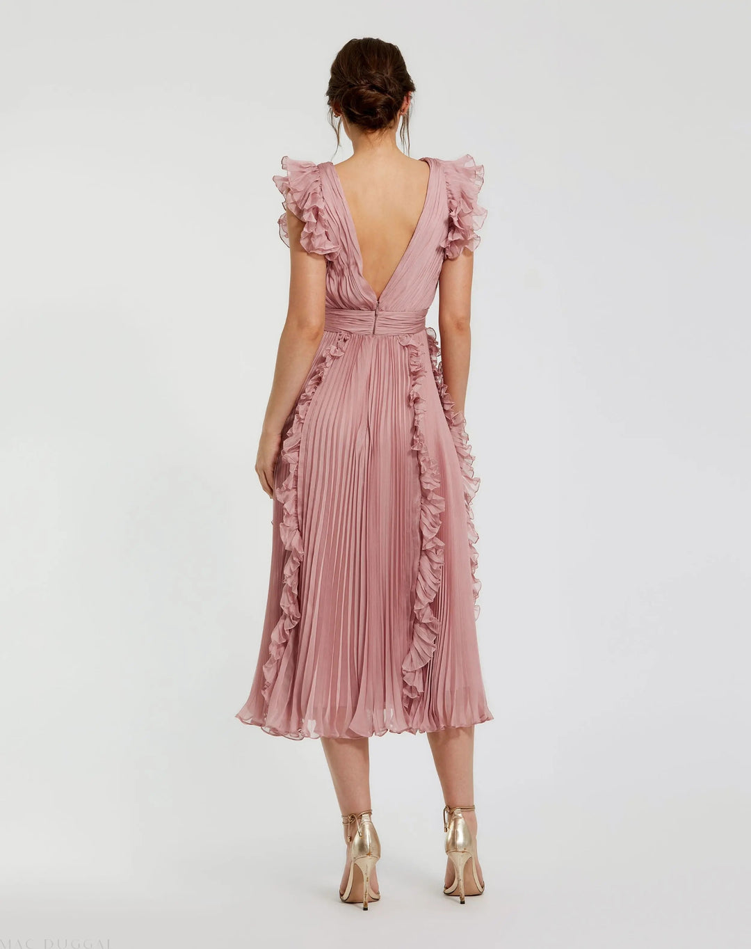 Mac Duggal 49675 Pleated Chiffon V Neck Ruffle Midi Dress