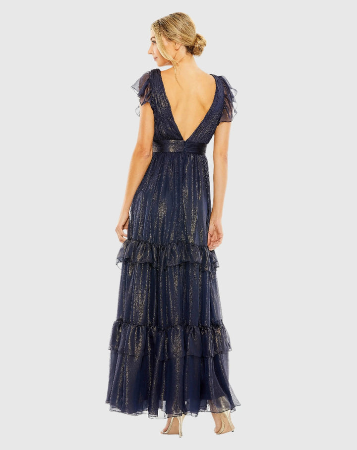 Mac Duggal 49742 Ruched Top Flutter Sleeve Deep V Gown