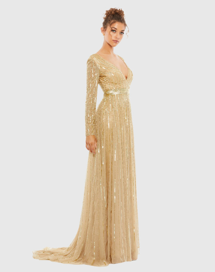 Mac Duggal 4977 Sequined V Neck Illusion Sleeve A Line Gown