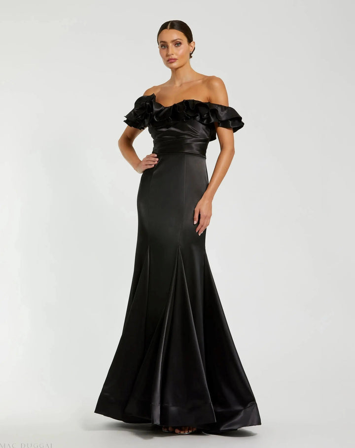 Mac Duggal 49834 Satin Ruffle Off the Shoulder Mermaid Gown