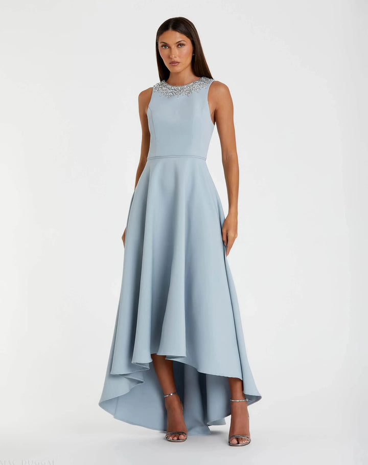 Mac Duggal 9949844P Blue Crepe Embellished Neck High Low Gown - FOSTANI.com