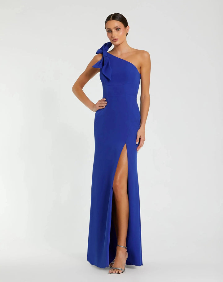 Mac Duggal PERFECT Black Crepe One Shoulder Fitted Evening Gown With Bow