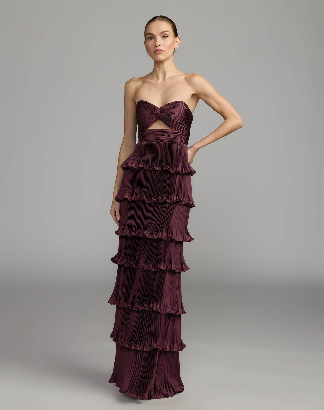 Mac Duggal 49981 Pleated Charmeuse Strapless Tiered Ruffle Gown