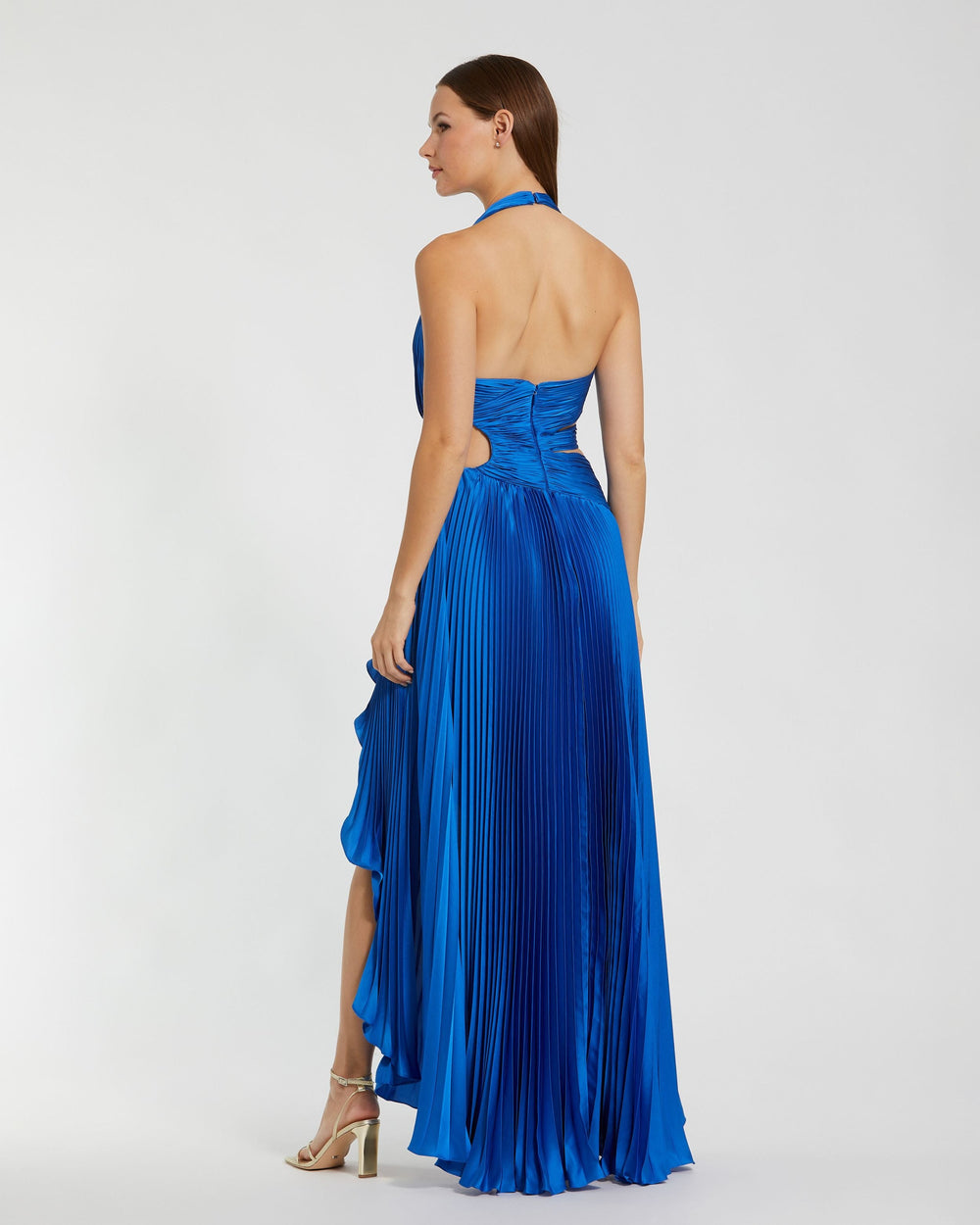 Blue Halter Neck Pleated Charmeuse Cut Out Gown - FOSTANI.com