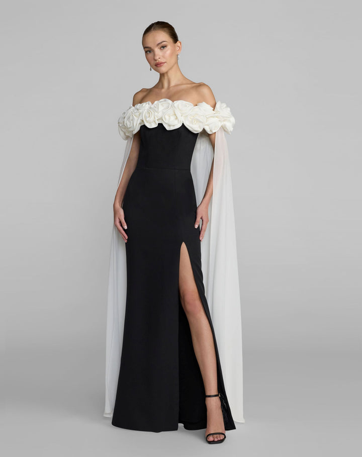 Mac Duggal 50041 Black Off The Shoulder Crepe Gown With Chiffon Cape