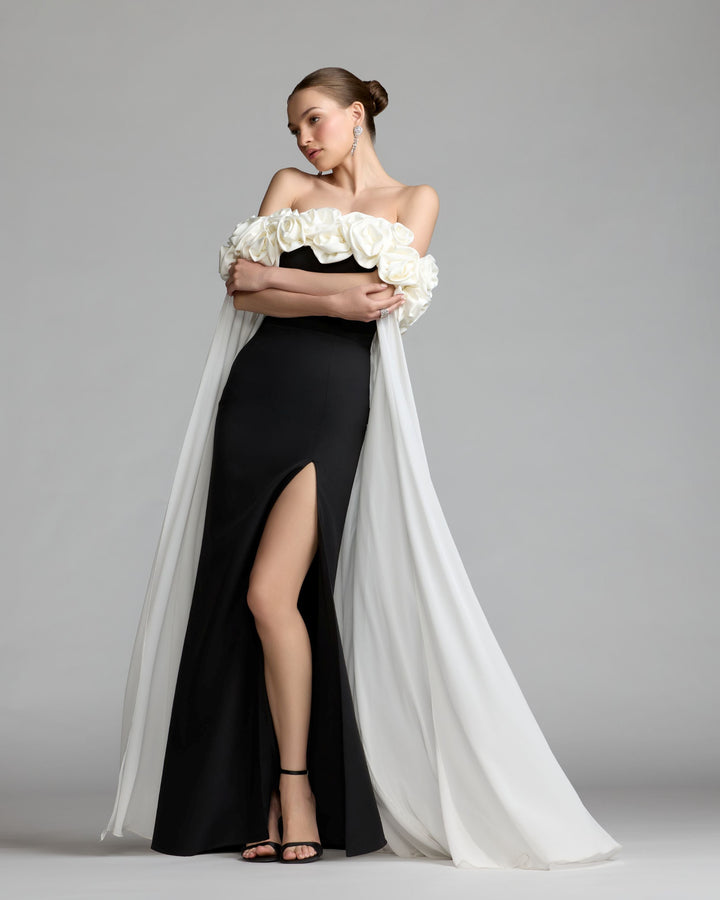 Mac Duggal 50041 Black Off The Shoulder Crepe Gown With Chiffon Cape