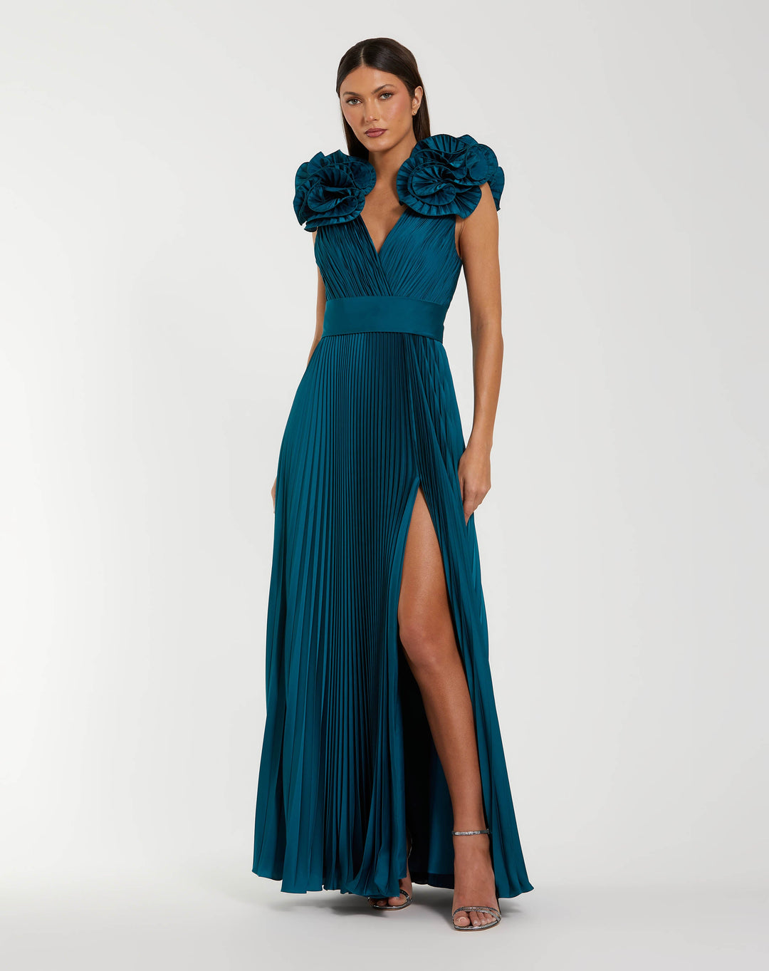 Mac Duggal 50083 Ruffle Shoulder Pleated Gown With Slit