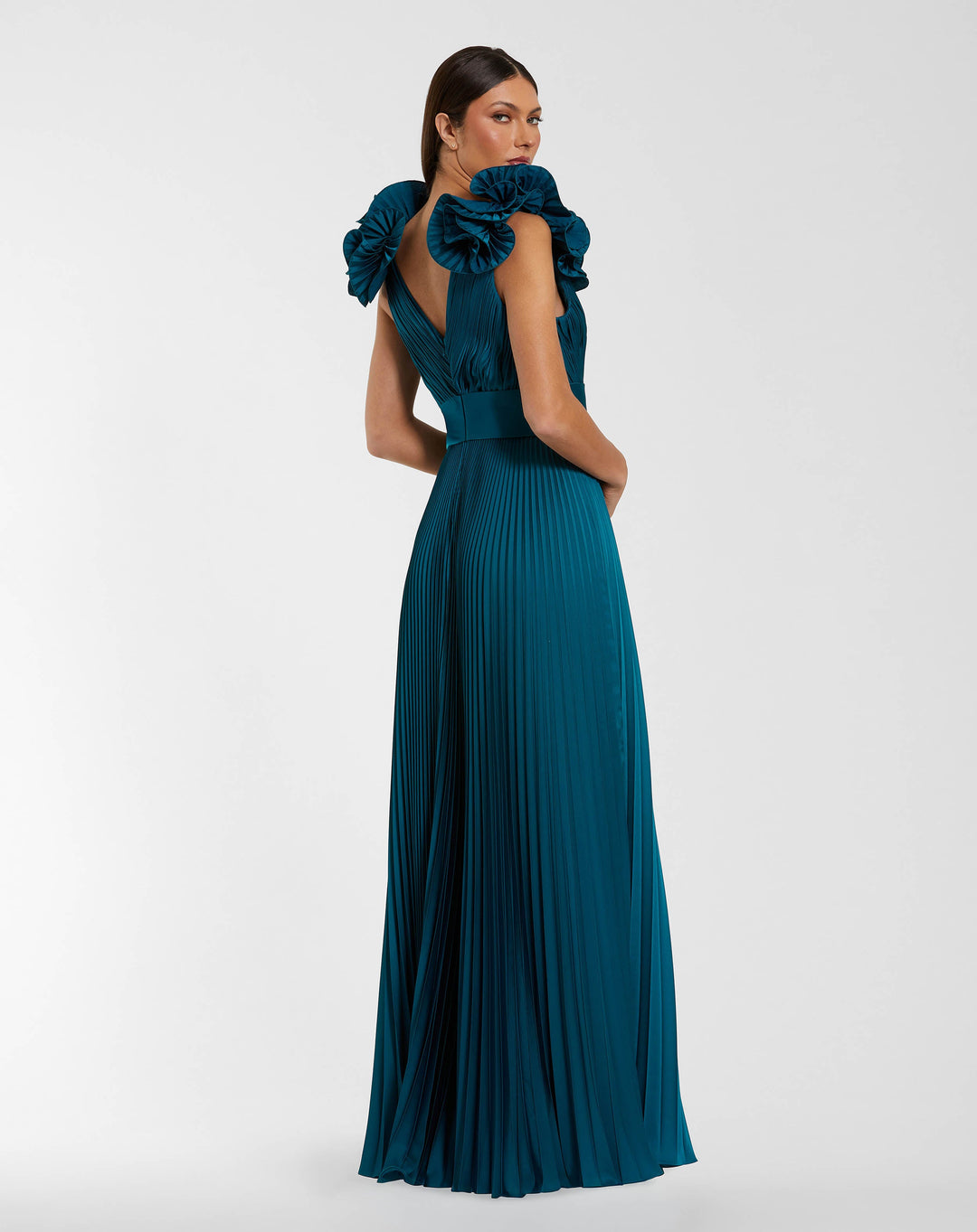 Mac Duggal 50083 Ruffle Shoulder Pleated Gown With Slit