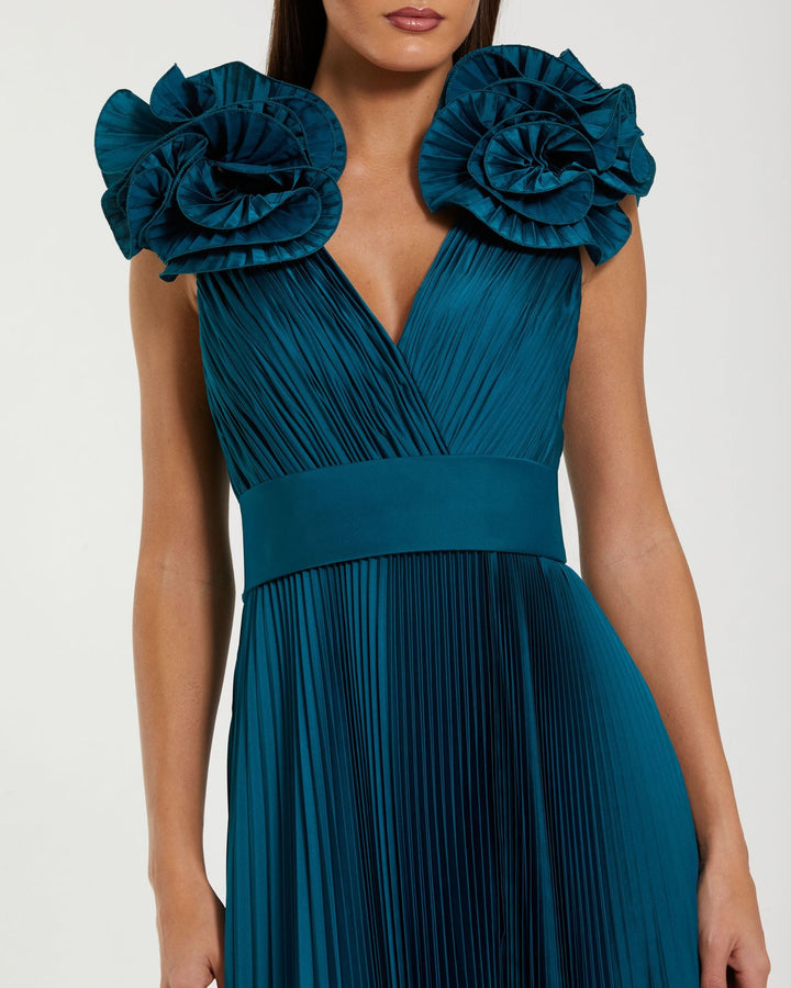 Mac Duggal 50083 Ruffle Shoulder Pleated Gown With Slit