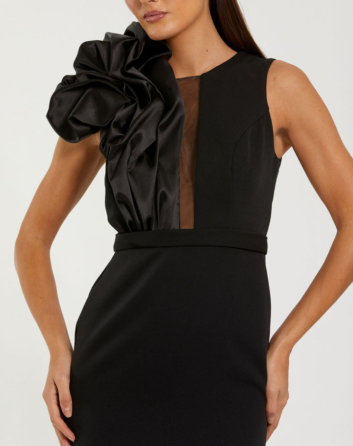 Mac Duggal 50089 High Neck Sleeveless Crepe Gown With Satin Ruffle