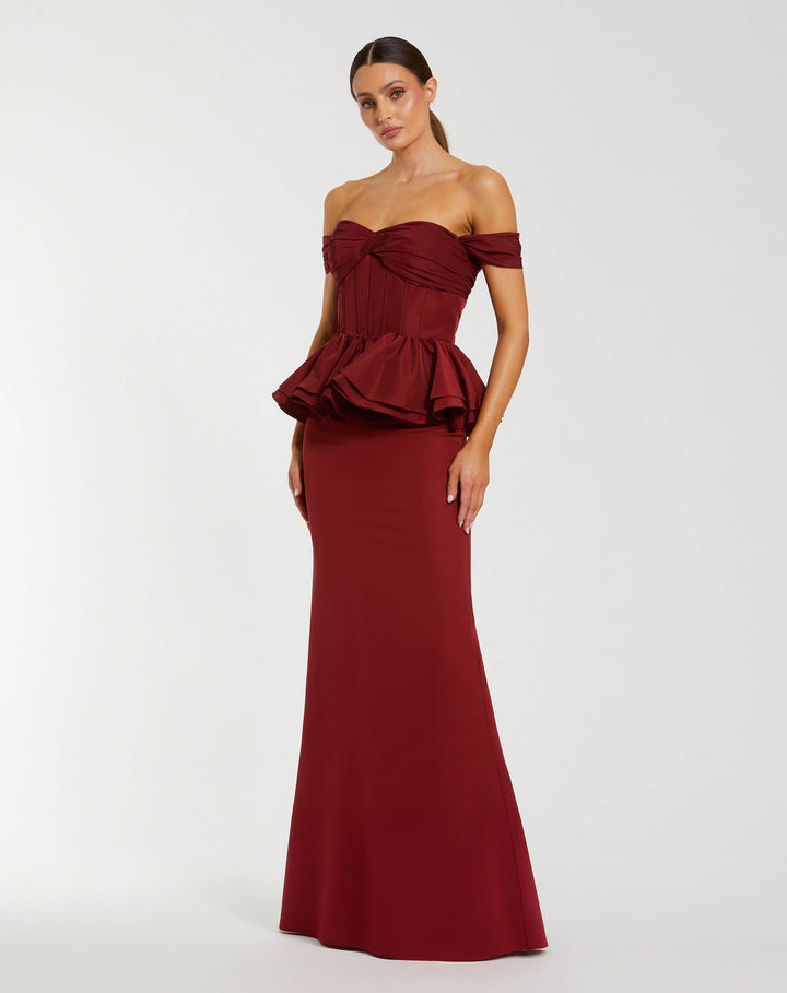 Mac Duggal 50101 Off The Shoulder Peplum Trumpet Gown