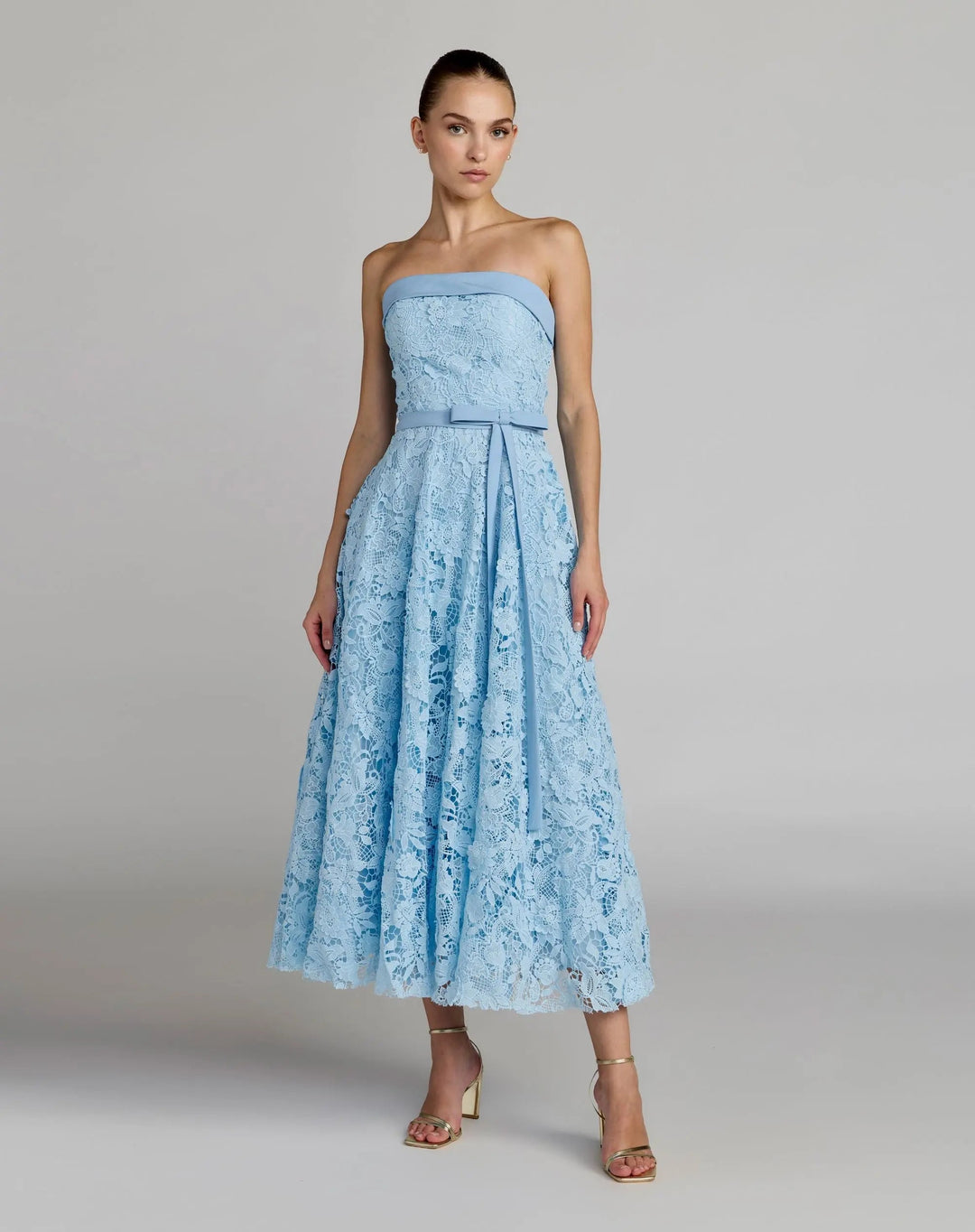 Blue Embroidered Lace Strapless Midi Dress With Bow Detail - FOSTANI.com
