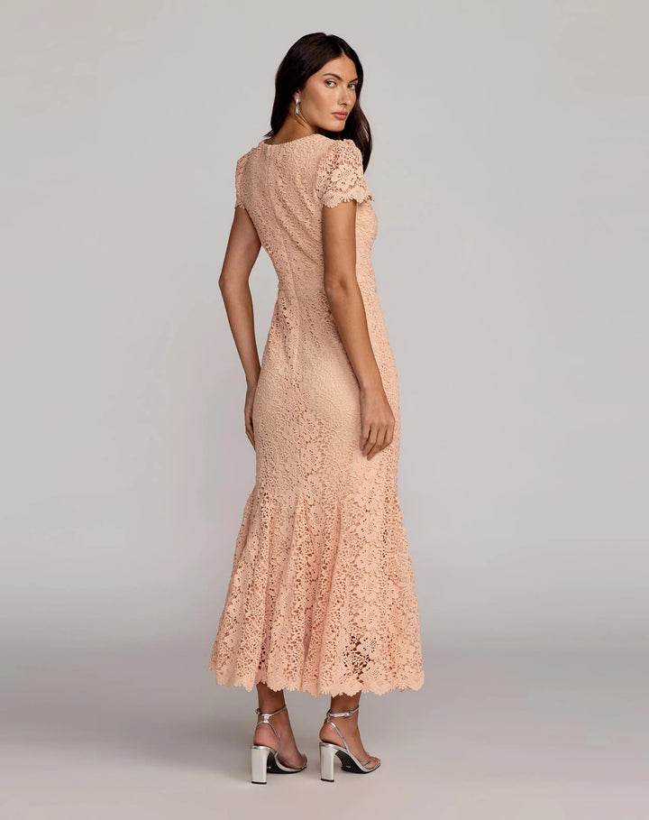 Mac Duggal 50116 Peach Embroidered Lace Cap Sleeve Midi Dress