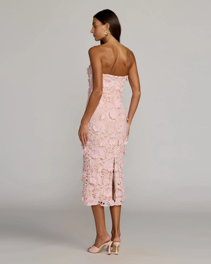 Pink Strapless 3D Floral Midi Dress - FOSTANI.com