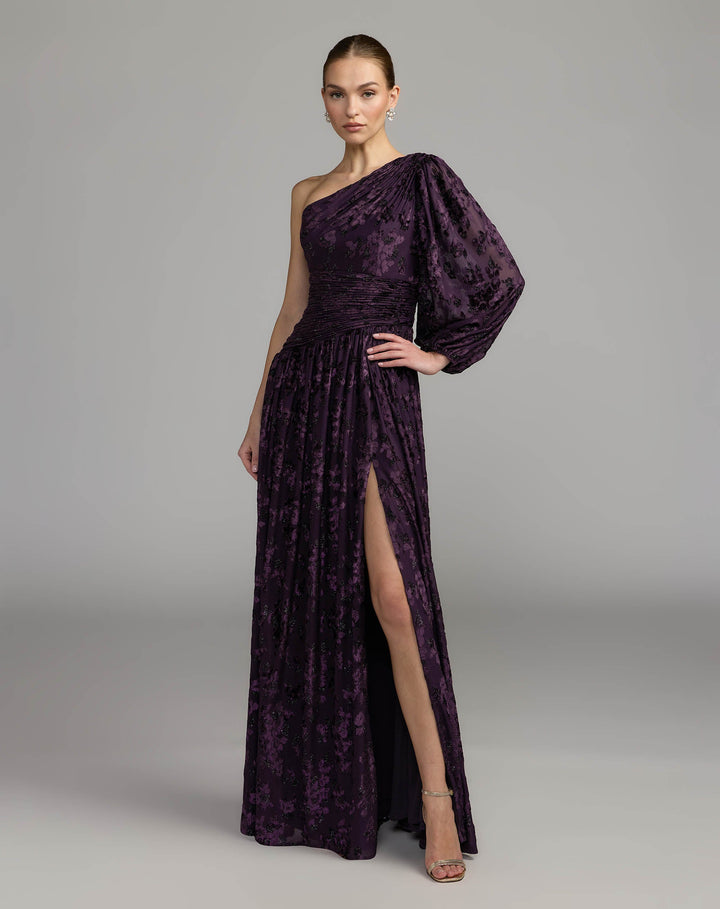 Mac Duggal 50179 Deep One Shoulder Long Sleeve Burnout Velvet Gown