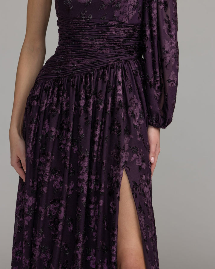 Mac Duggal 50179 Deep One Shoulder Long Sleeve Burnout Velvet Gown
