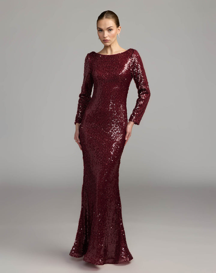 Mac Duggal 50201 Long Sleeve Cowl Back Sequin Gown