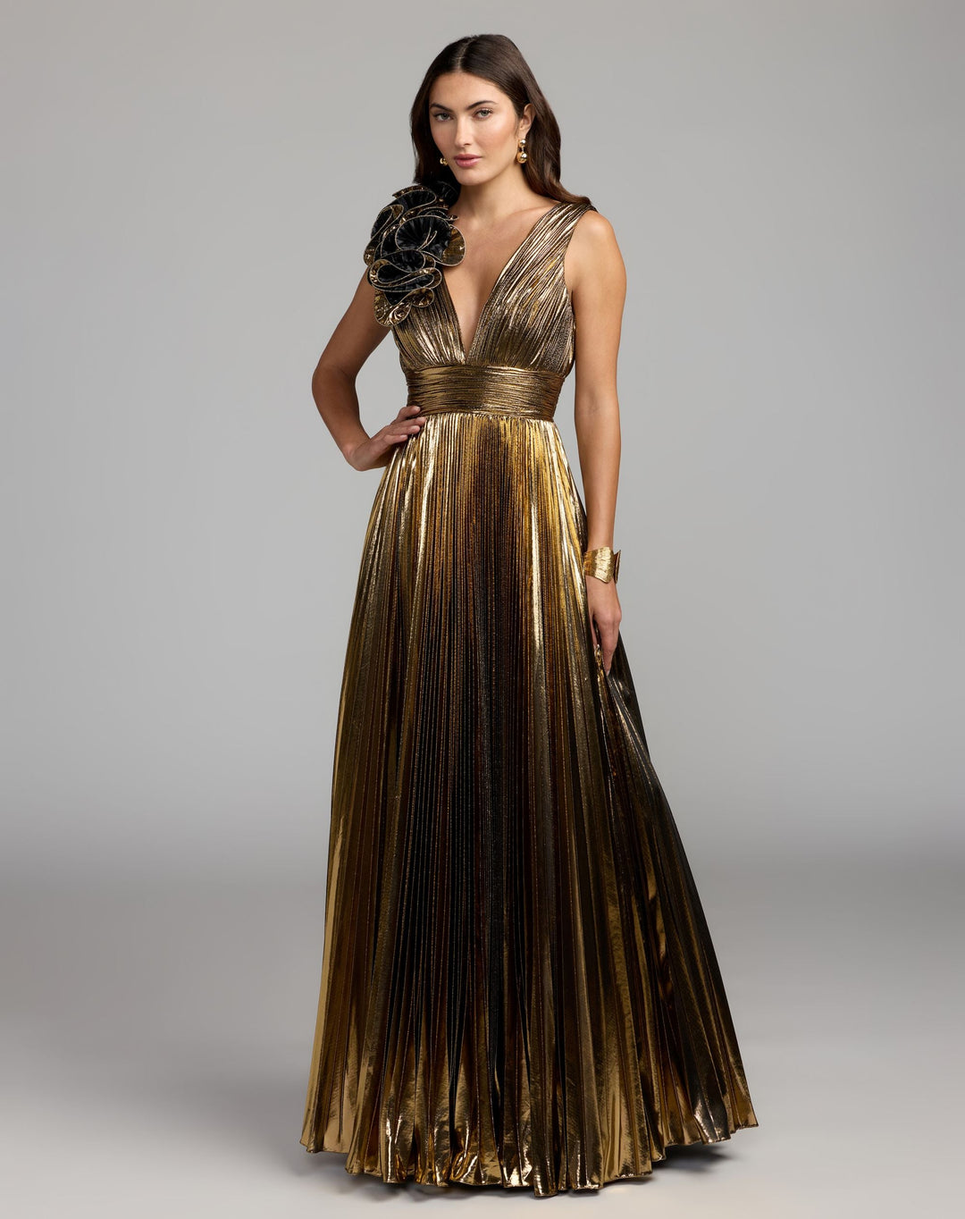Mac Duggal 50212 Sleeveless Metallic V-Neck Gown With Ruffle Detail