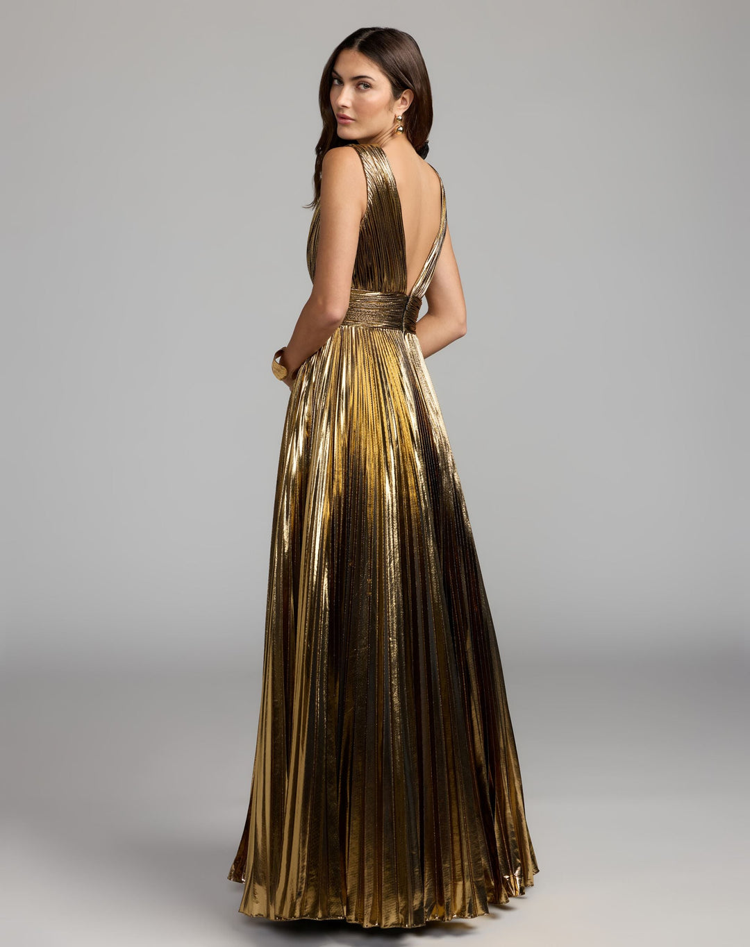 Mac Duggal 50212 Sleeveless Metallic V-Neck Gown With Ruffle Detail