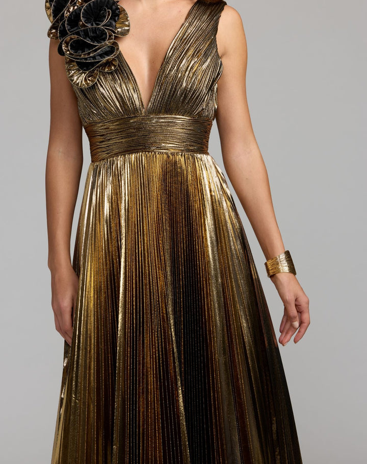 Mac Duggal 50212 Sleeveless Metallic V-Neck Gown With Ruffle Detail