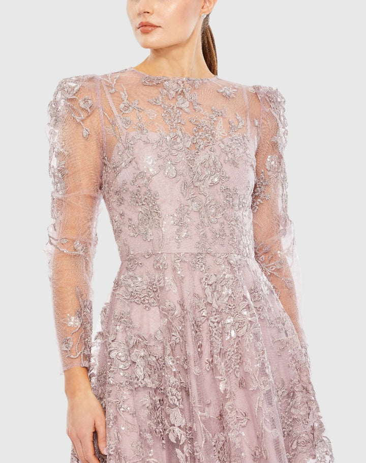 Mac Duggal 50664 Embroidered Illusion High Neck A Line Dress