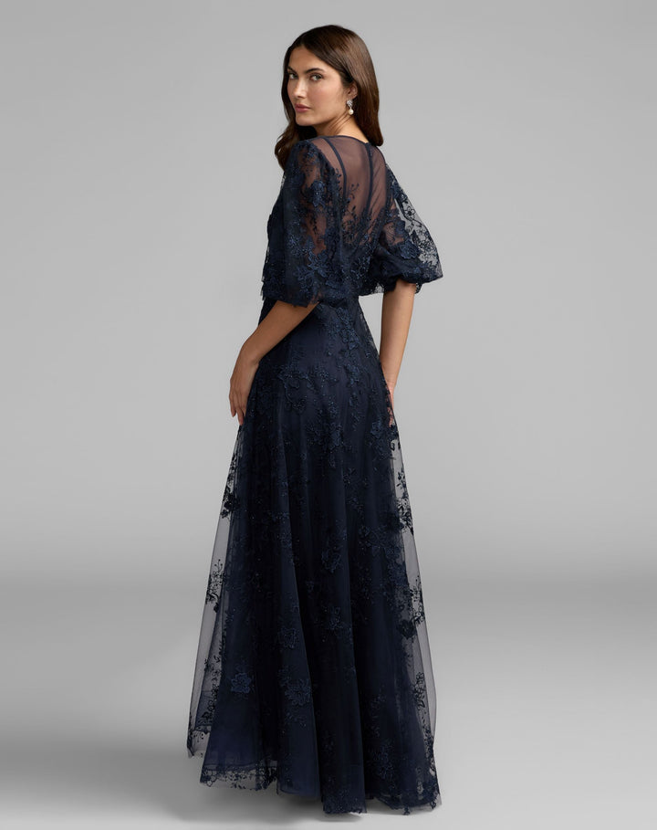 Mac Duggal 50671 Embroidered Illusion Neck Puff Sleeve A-Line Gown