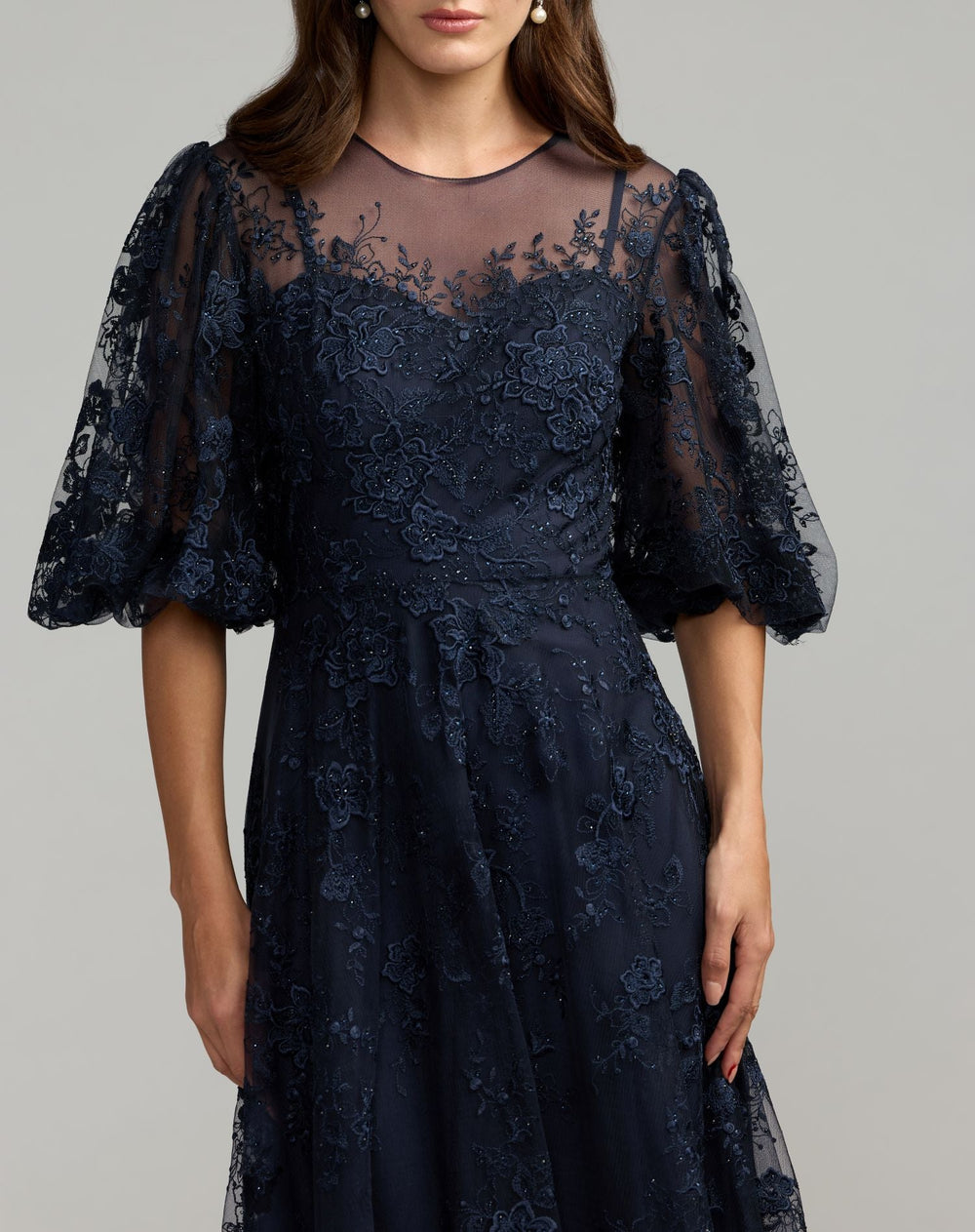 Mac Duggal 50671 Embroidered Illusion Neck Puff Sleeve A-Line Gown