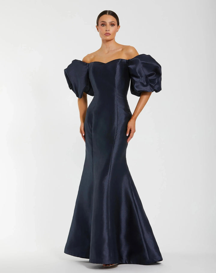 Mac Duggal 9950677P Navy Sweetheart Off The Shoulder Puff Sleeve Gown
