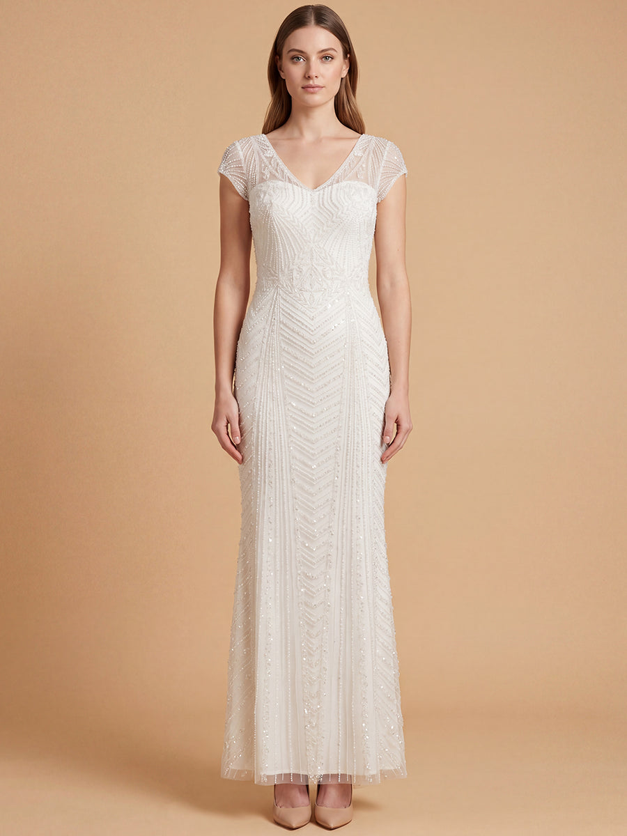 Lara 51225 Beaded Cap Sleeve Sheath Gown