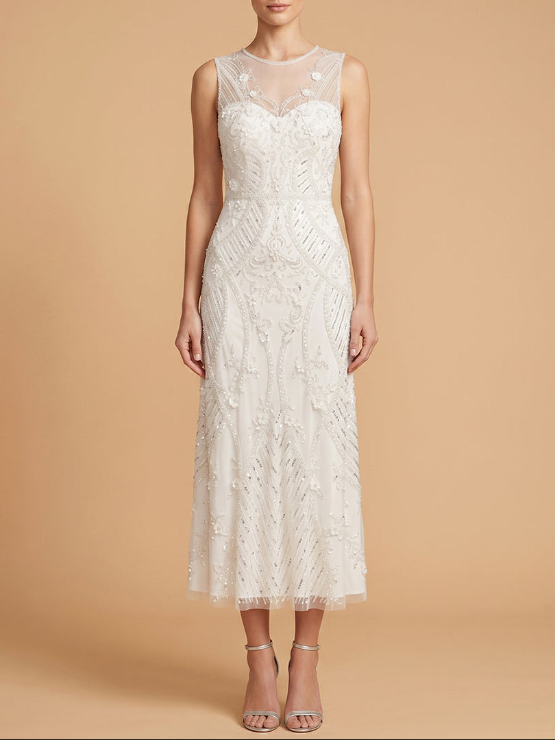 Lara 51230 Beaded A-Line Midi Dress with Illusion Neckline
