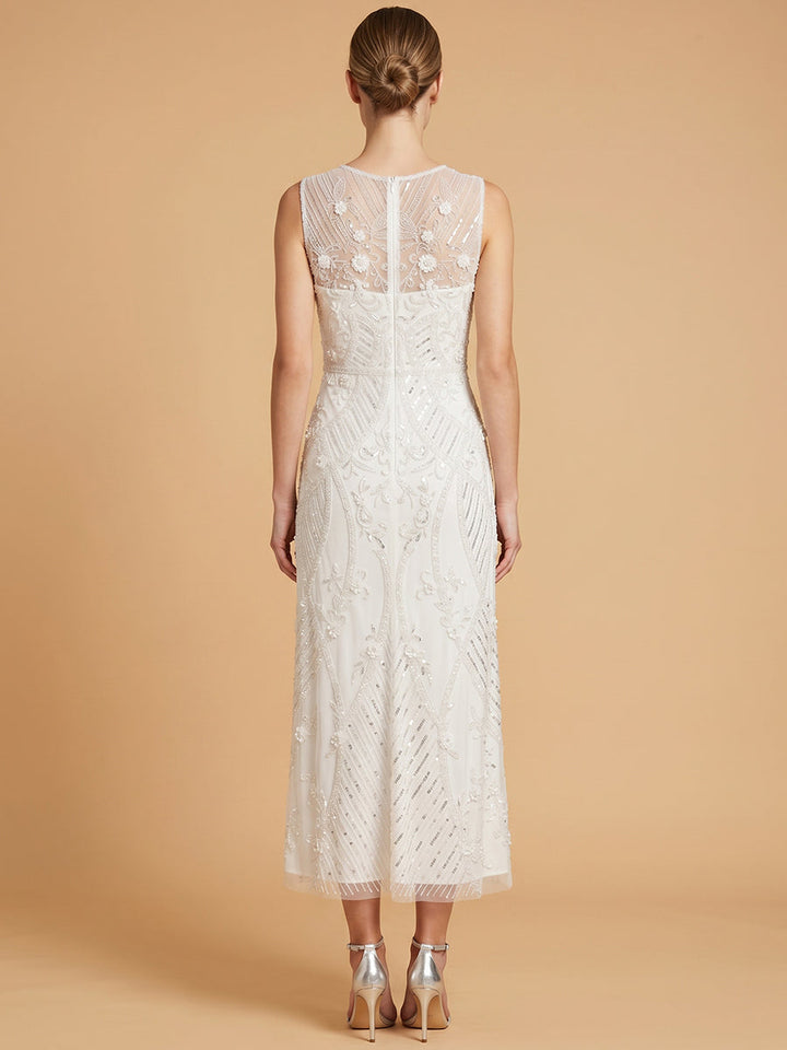 Lara 51230 Beaded A-Line Midi Dress with Illusion Neckline