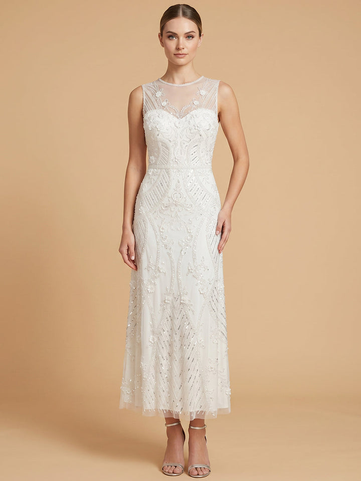 Lara 51230 Beaded A-Line Midi Dress with Illusion Neckline