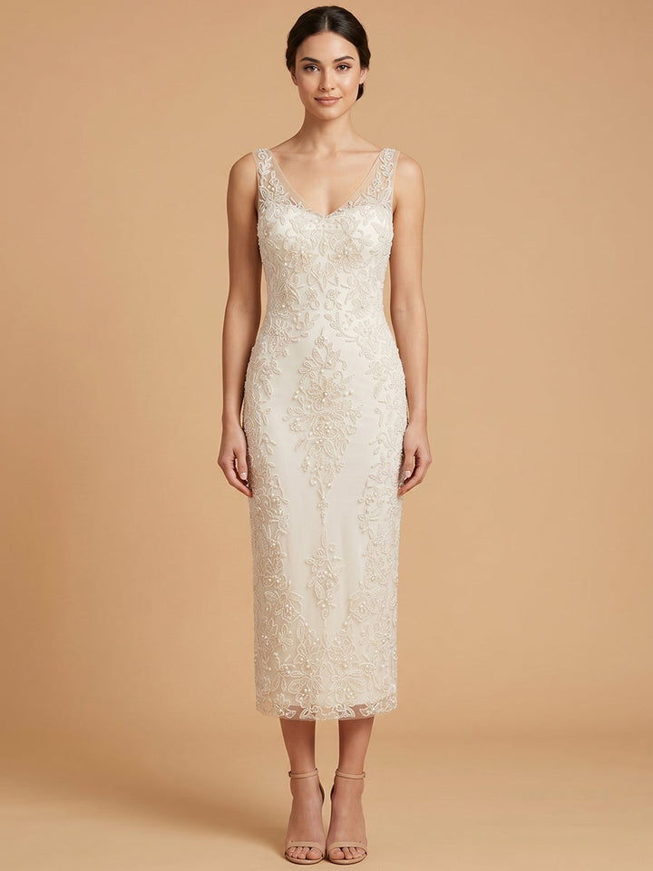Lara 51237 Beaded V-Neck Midi Dress