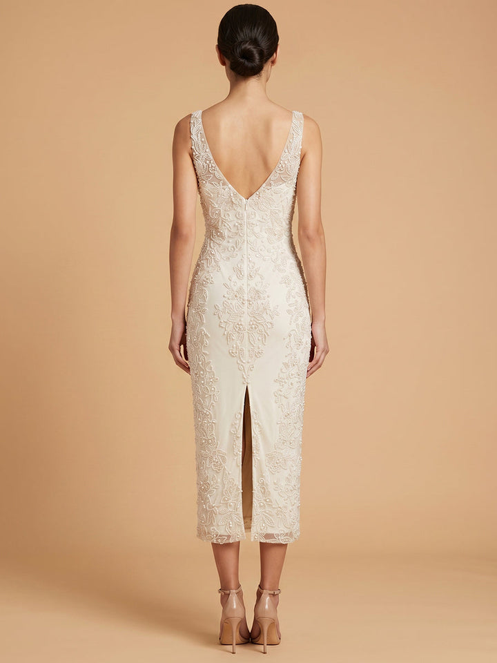 Lara 51237 Beaded V-Neck Midi Dress