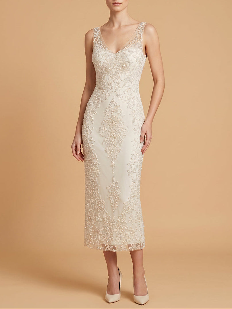 Lara 51237 Beaded V-Neck Midi Dress