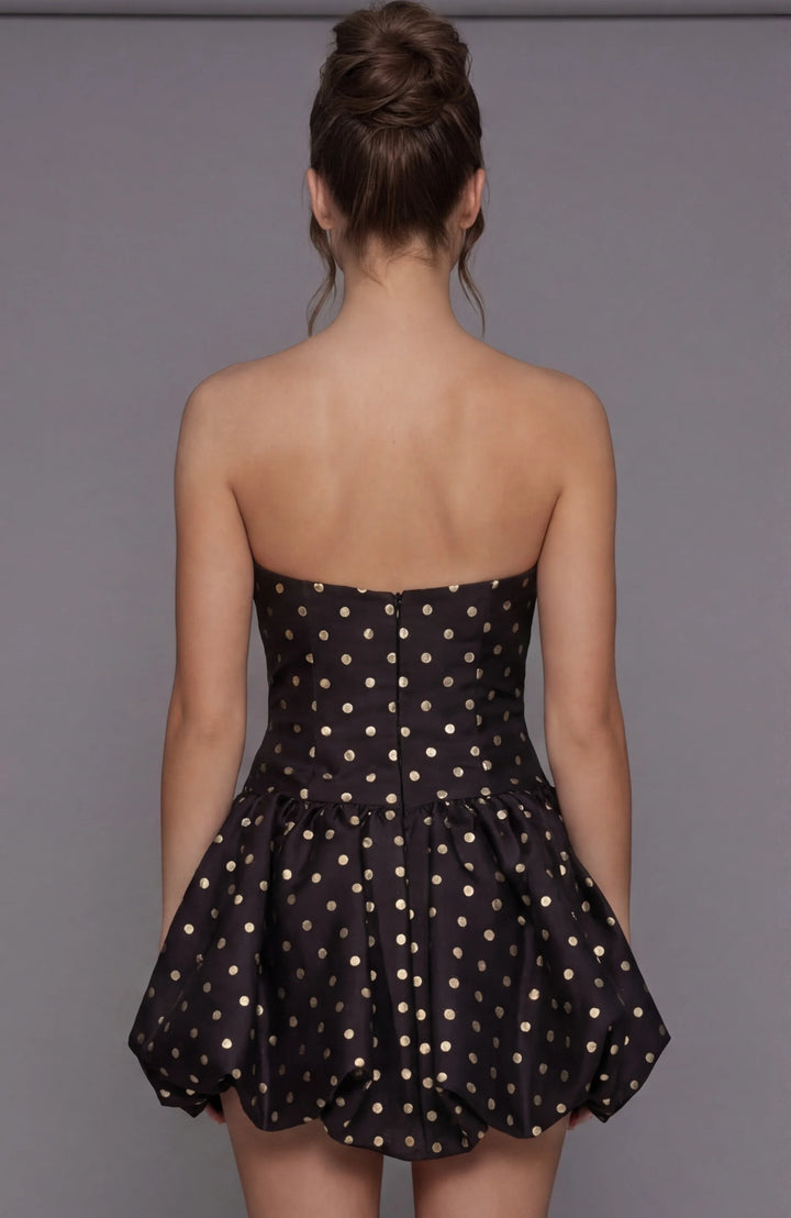 Jovani 51668 Gold Polka Dot Strapless Mini Bubble Dress - FOSTANI.com