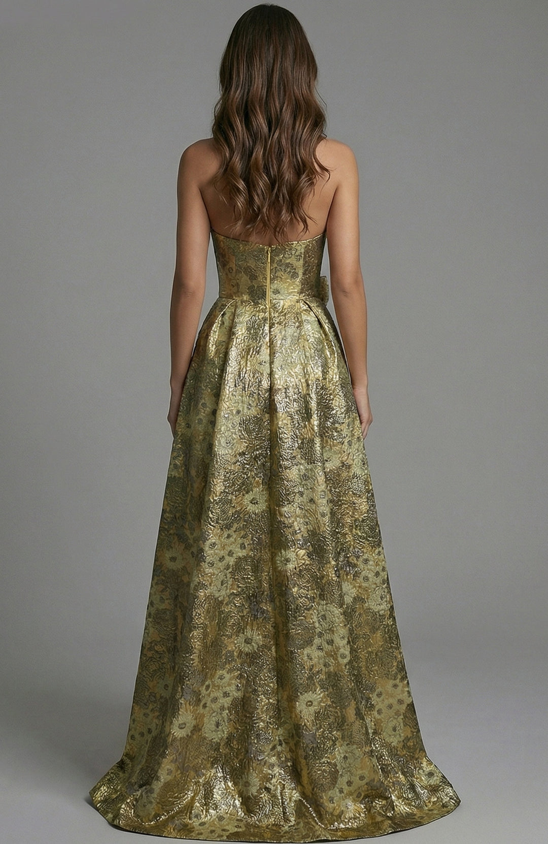 Jovani 51692 strapless gown with waist rosette, back