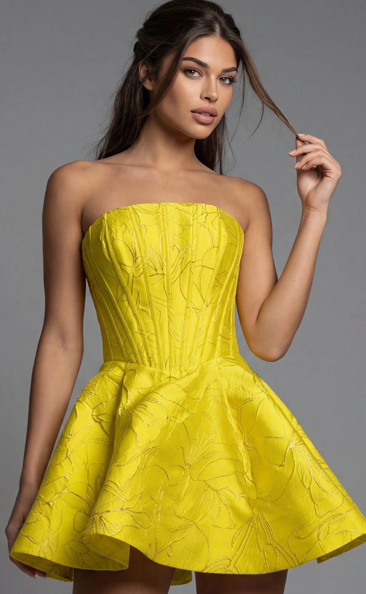 Jovani 51709 Strapless Structured Floral Mini Dress - FOSTANI.com