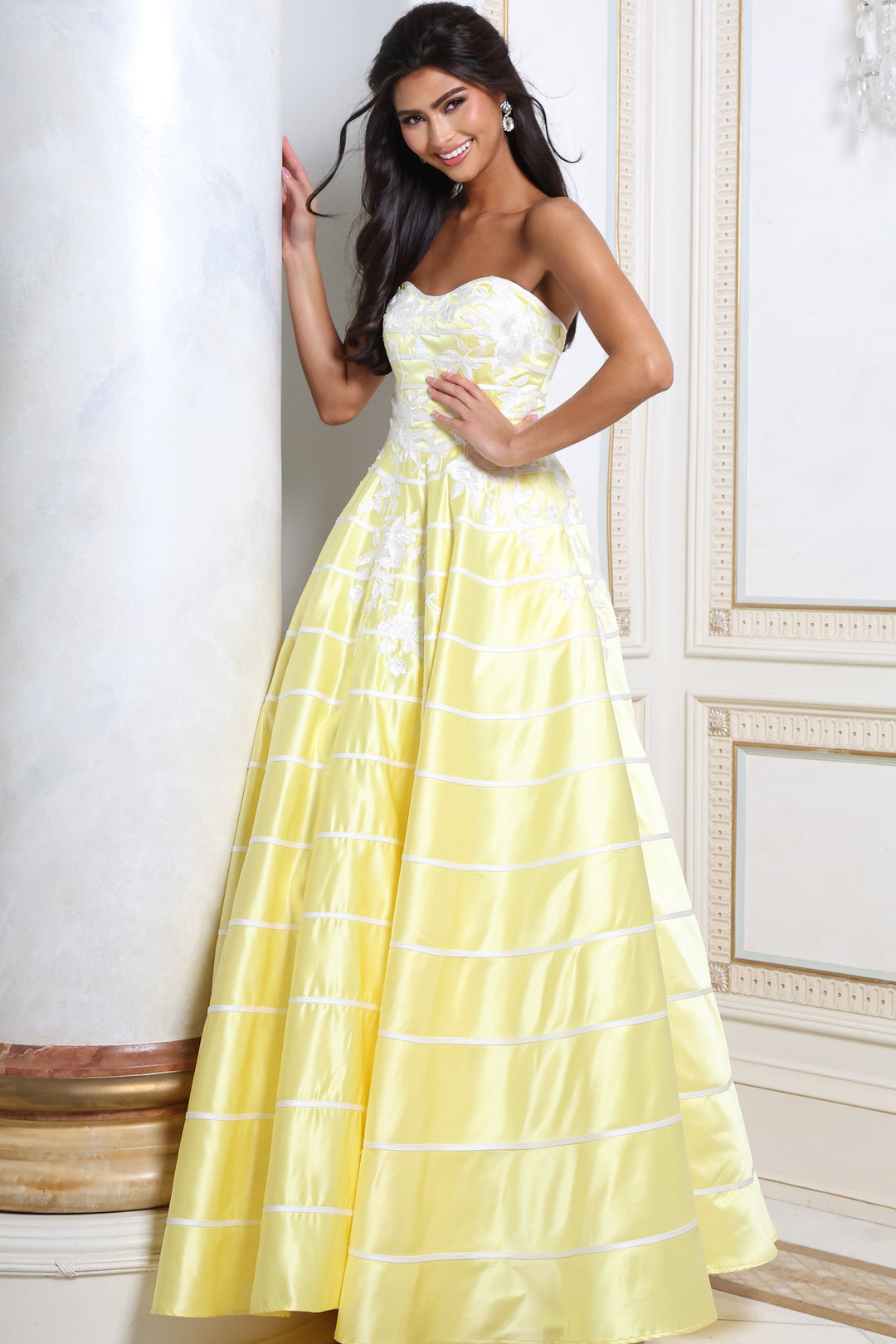 Jovani 51727 Strapless Sweetheart Floral Applique Striped Ball Gown front view
