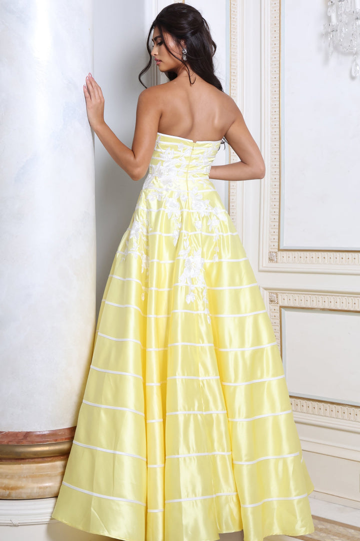 Jovani 51727 Strapless Sweetheart Floral Applique Striped Ball Gown back view