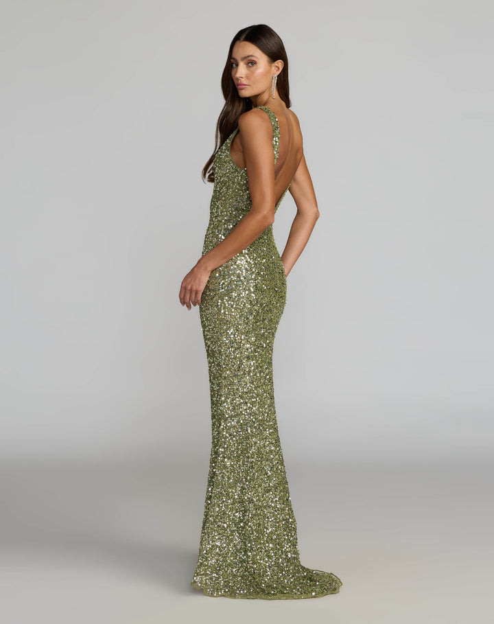 Mac Duggal 5185 Green Sequin Open Back Column Gown